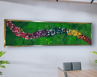 Large Moss Wall Art with Flowers: Preserved moss panel wooden frame