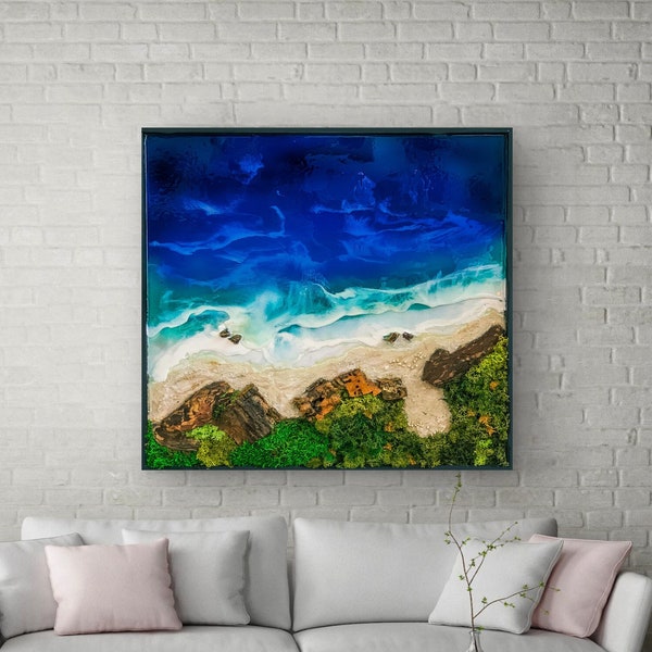 Ocean Beach Art, Coastal wall art, Ocean wall art, Mountain wall art, Unique Home Decor, Sea Art, Ocean Waves, seascape, Moss Wall Art,Resin