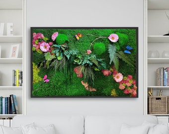 Moss Wall Art, Moss Art Work, Preserved Moss wall, Moss Living Wall, colourful lichen, Preserved Moss Artwork, Preserved and dried flowers,