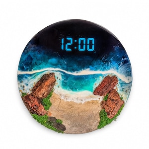 Resin Ocean Wall Clock with Preserved Moss, Digital LED Coastal Beach Clock