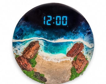 Resin Ocean Wall Clock with Preserved Moss, Digital LED Coastal Beach Clock