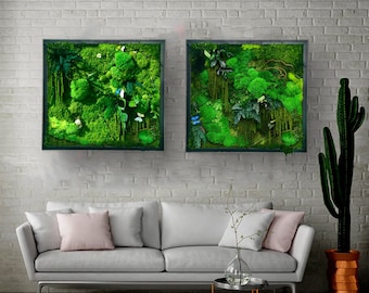 Preserved Moss Wall Art: Set of Two Evergreen Home Decor Frames (50x50cm)