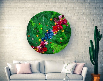 Preserved Moss Wall, Moss wall art with Flowers, colourful lichen, Preserved and dried flowers, Moss Wall Art Frame, Moss Art, Moss Circle