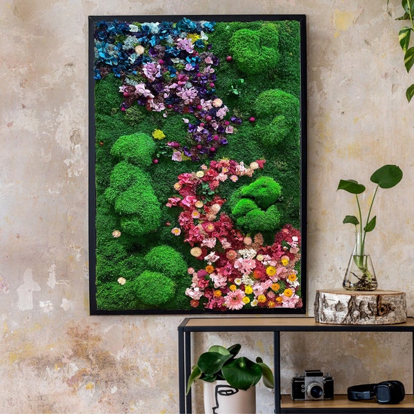 Moss Wall Art, Preserved Moss Art Framed, Moss Wall Decor, Bathroom Wall, Preserved and dried flowers, Rainbow, Large wall art with flowers,