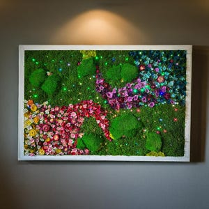 Handmade Lighted Moss Wall Art, Preserved Flowers and Moss Artwork with LED Light, Rainbow Garden Decor