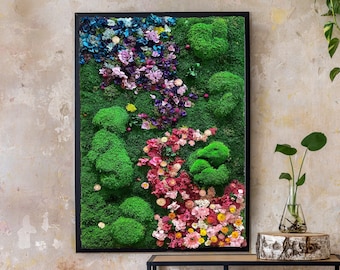 Moss Wall Art, Preserved Moss Art Framed, Moss Wall Decor, Bathroom Wall, Preserved and dried flowers, Rainbow, Large wall art with flowers,