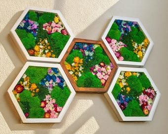 Hexagonale Moos-Wandkunst, konservierte Wanddekoration im Waben-Design, luxuriöses grünes Biophilic Design