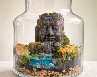 Moss Terrarium Kit with Live Plants, Resin Waterfall and Buddha Head Sculpture
