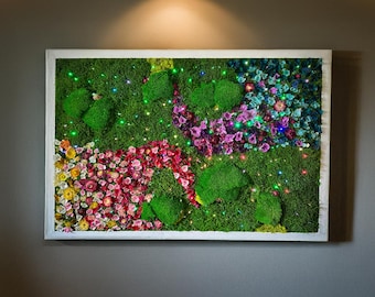 Handmade Large Preserved Moss wall Art With Led Light and Flowers: Colourful Moss Decor
