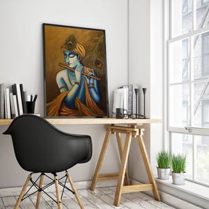 Hand-Painted Krishna Canvas Art: Indian Home Decor