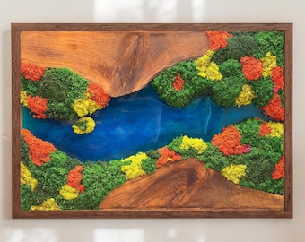 Handmade Olive Wood Moss Wall Art: Blue Resin River and Preserved Moss Decor