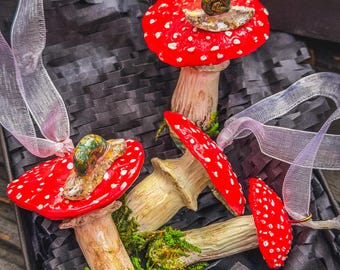 Ceramic Red Mushroom Christmas Ornament, Polka Dot Toadstool Tree Decoration, Woodland Mushroom Gift