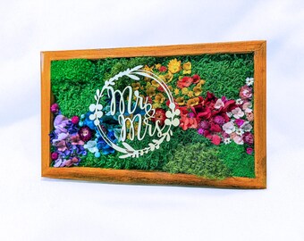 Personalised Preserved Moss Floral Wall Art, Rustic Wood Frame, Wedding Initials Keepsake
