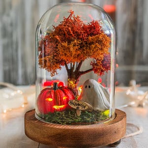Light-Up Ghost Terrarium: Spooky Autumn Halloween Bell Jar with Polymer Clay Ghost and Pumpkin,