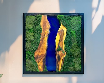 Epoxy Resin River Olive Wood and Moss Wall Art, Framed Moss Home Decor