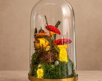 Light Up Mushroom Terrarium in Glass Dome, Moss and Crystal Woodland Decor