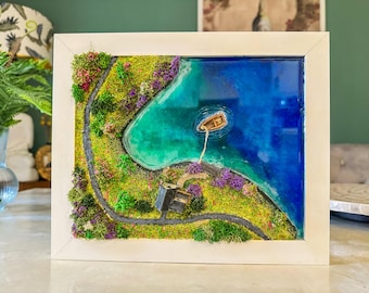Moss Wall Art: Resin Ocean Island Diorama with Miniature House & Boat
