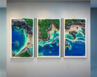 Handmade Resin Ocean, Moss Wall Art Set, Preserved Moss and Wood Seascape, Coastal Decor