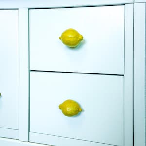 Peut inclure: Un meuble bleu clair avec deux tiroirs, chacun orné d'un bouton en forme de citron jaune vif. Les boutons ajoutent une touche de couleur et un côté fantaisiste au meuble.