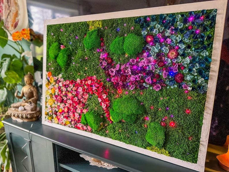 Handmade Lighted Moss Wall Art, Preserved Flowers and Moss Artwork with LED Light, Rainbow Garden Decor
