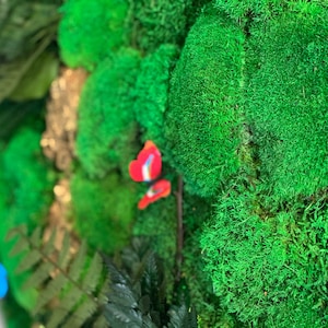 May include: A close-up of a green moss wall with a red butterfly decoration. The moss is a natural material and is often used in home decor.