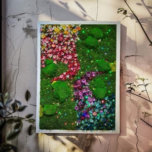Handmade Lighted Moss Wall Art, Preserved Flowers, Rainbow Garden Decor