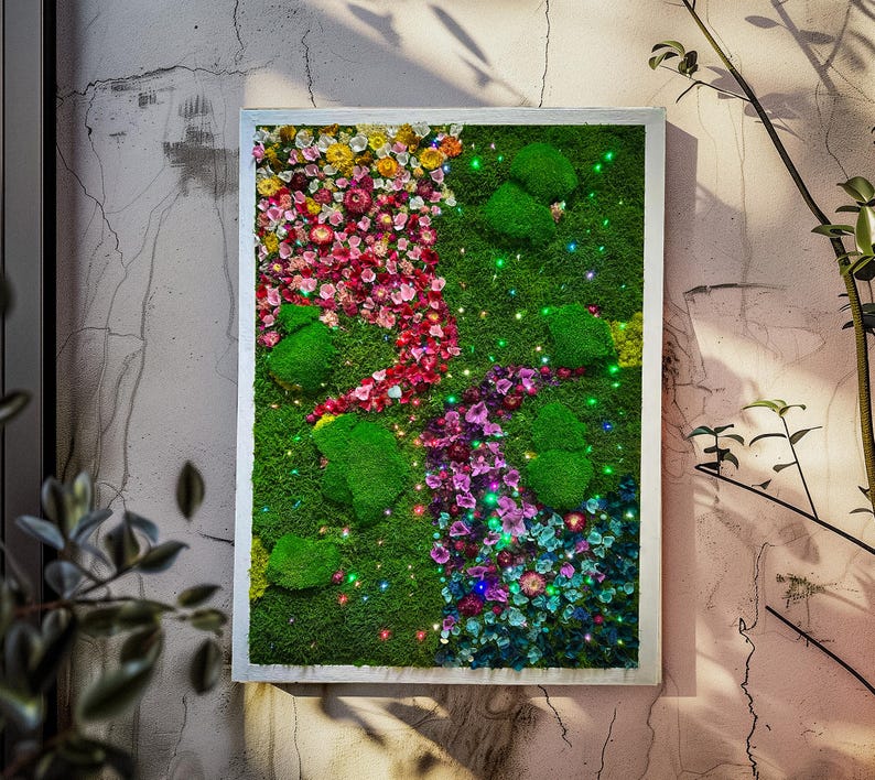 Handmade Lighted Moss Wall Art, Preserved Flowers, Rainbow Garden Decor