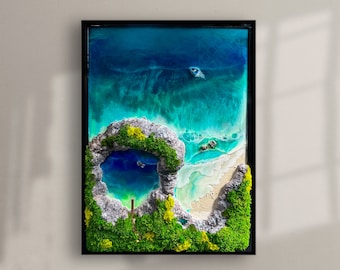 3D Resin Seascape: Large Preserved Moss Ocean Wall Art with wood and resin