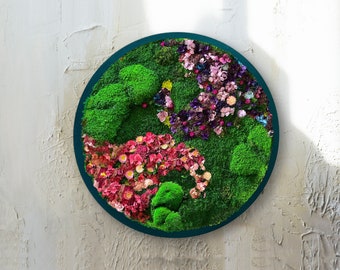 Circular Moss Wall Art, Botanical Art, Floral Moss Art, Round moss art, Rainbow Moss Wall, Wall Art Flower, Colourful Art, Office wall Decor