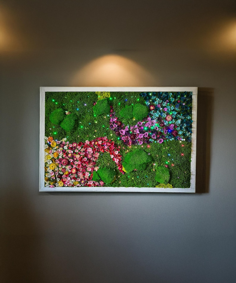 Handmade Lighted Moss Wall Art, Preserved Flowers and Moss Artwork with LED Light, Rainbow Garden Decor