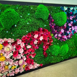 moss wall art with led lights, framed moss wall with flowers, rainbow moss art.