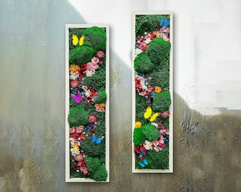 Preserved Moss Wall Art Frame, Handmade Rectangle set of two moss Panel with flowers,