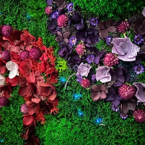 Handmade preserved moss wall art with LED fiber optic firefly lights, featuring vibrant real moss and dried flowers like hydrangeas in a customizable frame (black, white, wood, walnut). This no-maintenance, eco-friendly living wall decor enhances any space with nature’s beauty. Available in multiple sizes, perfect for homes, offices, or as a unique gift. Adds tranquility and organic elegance with lush, colorful moss and soft illumination