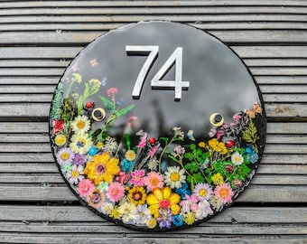 Number Plaque, Custom House Number Sign, Pressed flowers, Property Number, House Number Plaque, Address Plaque, Address Sign, House signs,