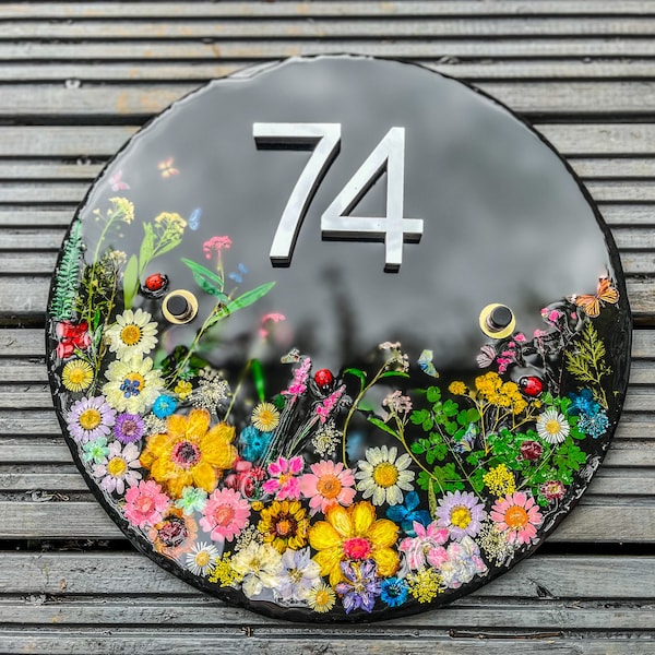 Segni di casa Numero porta, Targa personalizzata, Targa numero civico, Targa indirizzo, indirizzo, arte floreale essiccata, fiori pressati