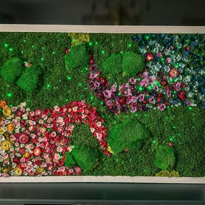 Handmade Lighted Moss Wall Art, Preserved Flowers, Rainbow Garden Decor