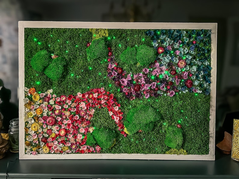Handmade Lighted Moss Wall Art, Preserved Flowers, Rainbow Garden Decor