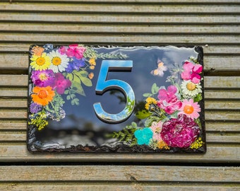 Slate House Signs, House Number Signs, Personalised Door Number, Plaques for Wall, Number Plaque, Modern House Sign, Pressed Flowers Sign,