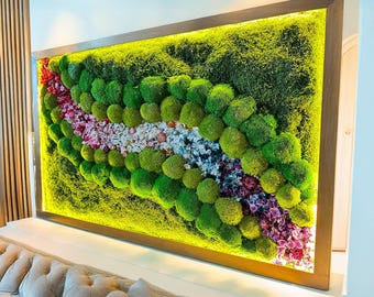 Preserved Moss Wall Art With LED Light: Colorful Flowers, Wooden Frame