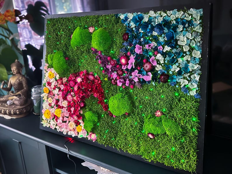 Handmade Large Preserved Moss wall Art With Led Light and Flowers: Colourful Moss Biophilic Decor image 11