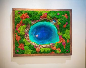 Handmade Preserved Moss Wall Art, Framed Moss & Resin River Panel, Mermaid Coastal Nature Decor