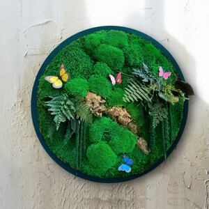Handmade Preserved Moss Wall Art with LED Light, Nature-inspired Home Decor crafted with preserved moss and foliage.