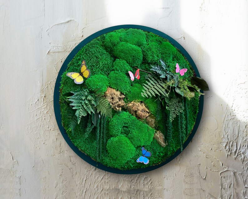 Handmade Preserved Moss Wall Art with LED Light, Nature-inspired Home Decor crafted with preserved moss and foliage.