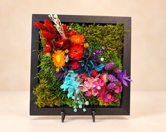 Preserved Moss Wall Art Black Frame, Hydrangea Straw Flower Daisy, Handmade Botanical Christmas Gift