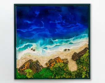 Ocean Wave Wall Art with Preserved Moss, 3D Coastal Seascape, Handmade Beach Gift