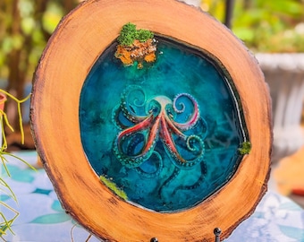 Octopus Portrait Resin Wood Wall Art, 30cm Multi Layer Ocean Coastal Decor Gift