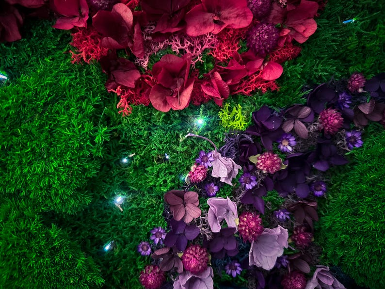 Handmade preserved moss wall art with LED fiber optic firefly lights, featuring vibrant real moss and dried flowers like hydrangeas in a customizable frame (black, white, wood, walnut). This no-maintenance, eco-friendly living wall decor enhances any space with nature’s beauty. Available in multiple sizes, perfect for homes, offices, or as a unique gift. Adds tranquility and organic elegance with lush, colorful moss and soft illumination