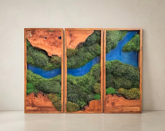 Large Moss Wall Art Triptych, Blue Resin, Live Edge Wood Panels