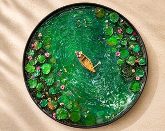 Handcrafted Resin Pond Art, Koi Fish, Lily Pads, Cork Boat (40cm x 40cm)