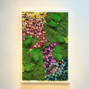 Preserved Moss Wall Art With Flowers: Large Handmade Rainbow Reindeer Moss Decor Panel,